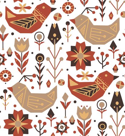 Seamless festive flat pattern.Birds, flowers with boho ornaments and dots on a white background. Easter vector texture for wallpapers, fabrics and your creativity.のイラスト素材