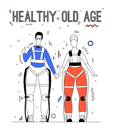 Pair of happy healthy old people in exosuits with lettering. Innovation in medicine. Elderly family. Exoskeleton for people with disabilities. Vector outline image for articles and your creativity.のイラスト素材
