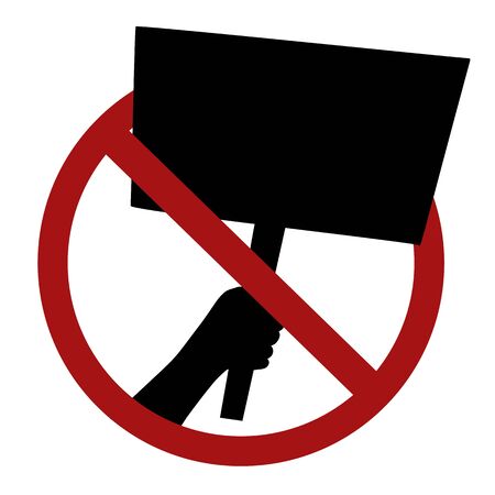 Ban on rallies. Black silhouette of a hand with a banner in a red prohibition sign. Forbiddance on pickets and meetings of people. Vector element for logos, icons and your design.のイラスト素材