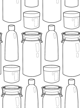 Seamless outline texture of glass bottles and jar in a row on white background. Zero waste products. Vector contour pattern for fabrics, wallpapers, backgrounds and your design.のイラスト素材