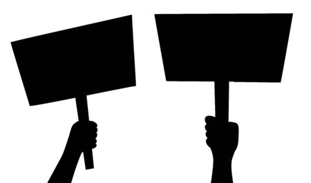 Set of black silhouette illustration of human hand with banner and place for text. Rally and picket. Meeting and the expression of rights. Vector print template for advertising and your designのイラスト素材