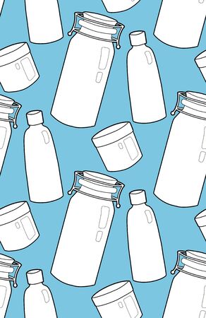 Seamless outline texture of white glass bottles and jar on blue background. Zero waste products. Vector contour pattern for fabrics, wallpapers, backgrounds and your design.のイラスト素材