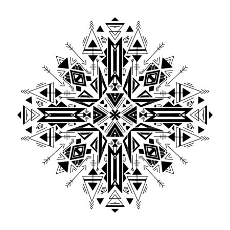 Tribal geometric mandala. Black native ornament on a white background. Mystical pattern. Vector folk pattern for cards, stickers, scrapbooking decoration and your creativity.のイラスト素材