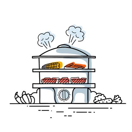Steamer with vegetables and fish. Contour fashionable illustration of kitchen utensils. Healthy steamed food. Contour vector illustration for menus, recipes and your creativity.のイラスト素材