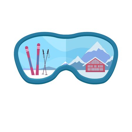 Ski resort. Flat ski illustration on a background of snowy mountains in glasses. Active healthy rest. Sporting events. Vector image in mask for banners, articles and your design.のイラスト素材