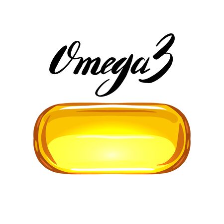 Cartoon fish oil capsule on a white background with lettering. Useful vitamins Omega 3. Vector object with calligraphy for cards, banners and your design.のイラスト素材