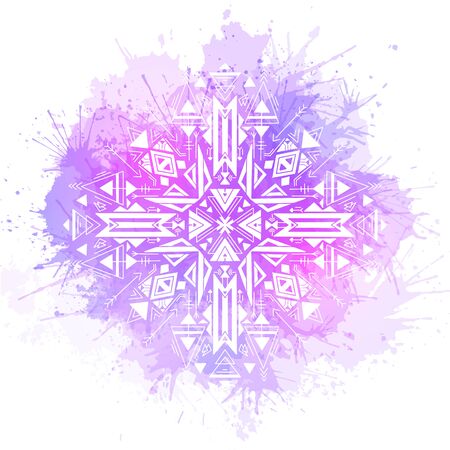 Tribal geometric mandala. White native ornament on neon  splashes. Mystical pattern. Vector folk pattern for cards, stickers, scrapbooking decoration and your creativity.のイラスト素材