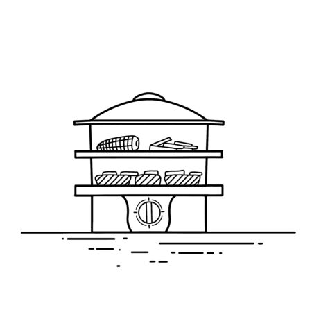 Steamer with vegetables and fish. Contour fashionable illustration of kitchen utensils. Healthy steamed food. Contour vector illustration for menus, recipes and your creativity.のイラスト素材