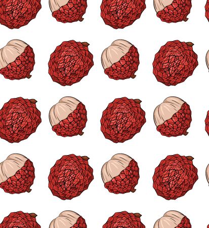 Seamless pattern  lychee tropical fruit on a white background. Whole and half berries in row. Exotic delicious delicacy. Vector texture for menus, recipes and your design.のイラスト素材