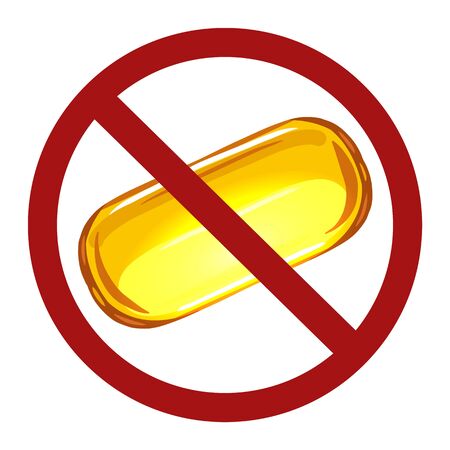 Flat cartoon pills in prohibition sign. The ban on self medication. Do not take medicine without a doctors prescription. Forbidden fish oil. Vector object for icons, stickers and your design.のイラスト素材
