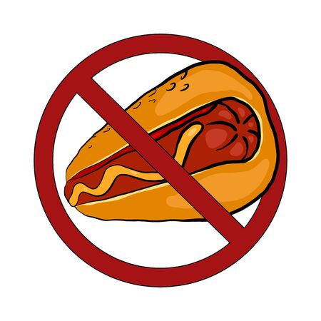Hot dog sketch in a prohibition sign. Ban on junk food. Forbidden fast food. Vector badge for logotypes, stickers, icons and your design.のイラスト素材