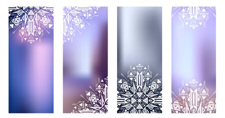 Set of vertical cards with tribal decoration on a blurred background. objects with folk mystic patterns for yoga studios, business cards, banners and your design.のイラスト素材