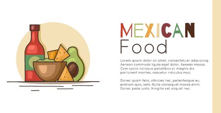 Horizontal banner with mexican food and place for text. Avocado guacamole with nachos corn chips, spicy sauce and lettering. template for menu, card, recipe and your design.のイラスト素材