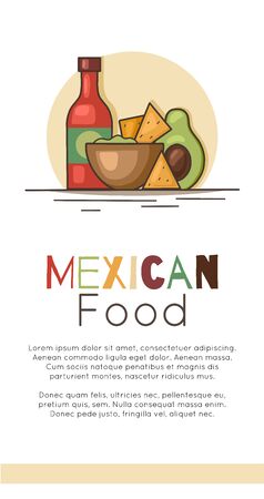 Vertical banner with mexican food and place for text. Avocado guacamole with nachos corn chips, spicy sauce and lettering. template for menu, card, recipe and your design.のイラスト素材