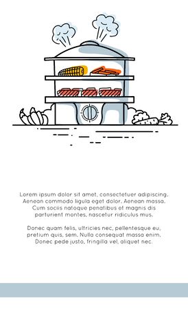 Vertical banner with contour illustration of a steamer with food and place for text. Healthy steamed food. Modern outline image of double boiler. template for banner, invitationのイラスト素材