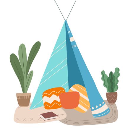 Flat illustration of blanket house with pillows, book and home plants. Stay home. Game for adults...