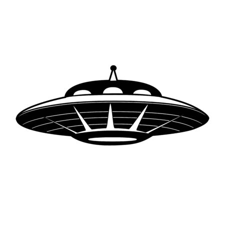 Black silhouette of UFO with. Flying saucer. Unknown flying object. Guest from space. object for icon, card, banner and your creativity.のイラスト素材