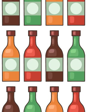 texture of glass bottles of various hot sauce in row on a white background. Seasoning for food.  pattern for fabrics, menus, wallpapers and your creativity.のイラスト素材