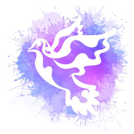 White patterned silhouette of a flying dove on neon watercolor splashes. The bird of the world. Religious symbol. Vector element for tattoo, greeting cards, banners and your creativity.のイラスト素材