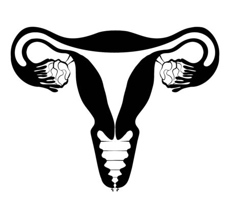 Black silhouette anatomical uterus. Healthy female body. Woman power. Uterus with tube and ovaries. Vector illustration for articles, banners, icon, logo and your design.のイラスト素材