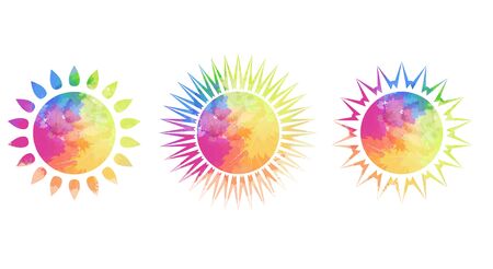 Set of different silhouettes of the suns with rainbow watercolor splashes on a white background. A month of pride. Shining love to all. Vector object for icons, infographics and your design.のイラスト素材