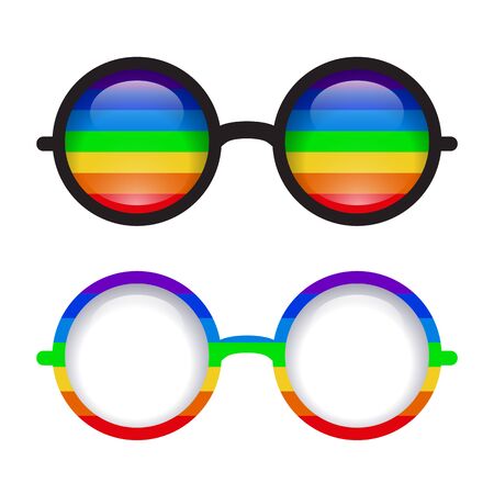Set of round glasses with a rainbow background on the rim and glasses. Love. Pride month. Summer vector objects for cards, banners and your creativity.のイラスト素材