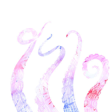 Set of watercolor silhouette sketches octopus tentacles with splashes. Creepy limbs of marine...