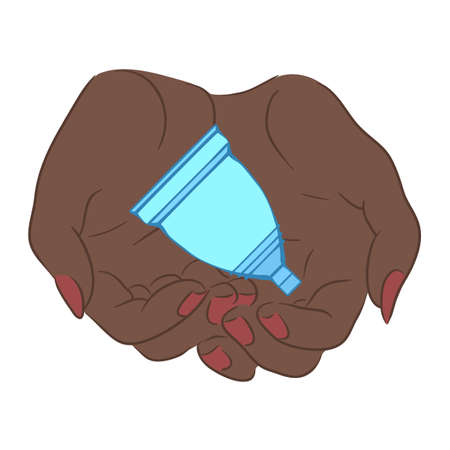 Female african hands hold the menstrual cup. Caring for womens health. Zero waste product. Vector contour color illustration for postcards, articles and your creativity.のイラスト素材