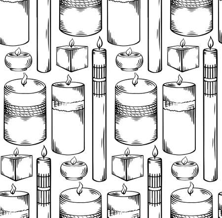 Seamless pattern with relax candles in row. Black and white sketch with hatching. Various wax candles. Vector spa, relaxation elements for wallpaper, backdrop and textileのイラスト素材