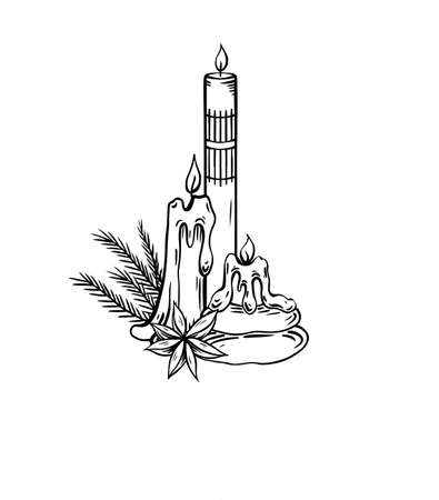Relax candles. Black and white sketch with hatching. Wax candles with juniper twigs, anise star and stones. Vector spa, relaxation elements, greeting cards and invitations.のイラスト素材