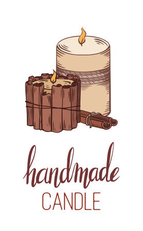 Handmade candles. Vertical card with sketch candles, cinnamon sticks, rope decoration and lettering. Hobbies and hobbies. Vector element fのイラスト素材