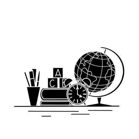 Back to school. Black silhouette of books, globe, watches and office supplies. Study table for the student. Classes and studies. Vector elementのイラスト素材