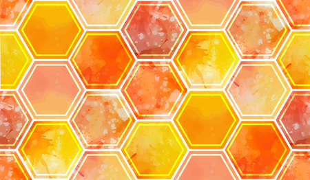 Seamless pattern with yellow and orange watercolor honeycombs with splashes on white background....