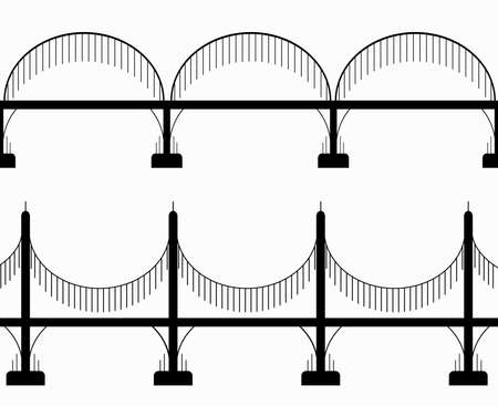 Set of various seamless black silhouette bridges on columns. City communications. The intersection of rivers and ravines. Vector objectのイラスト素材