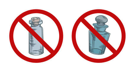 Set of sketch bottles in forbidden sign. Ban on natural medicine. Prohibition perfumes and potions. Vector objectのイラスト素材