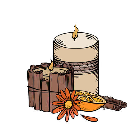 Relax aroma candles. Colorful sketch with shading. Wax candles with cinnamon stick, calendula flower and orange slice. Vector spa, relaxation elementsのイラスト素材
