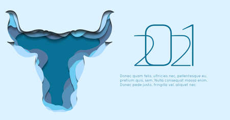 Horizontal banner with silhouette of a bull head with paper cut layers. The symbol of the new year 2021. Buffalo with horns. Vector template of animal head for invitation, card and your designsのイラスト素材