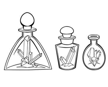 Set of various magic glass bottles and flasks with precious stones inside. Contour enchanting object for postcards, banners and your creativity.のイラスト素材