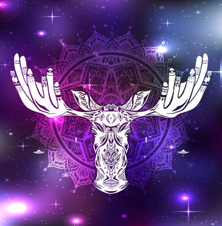 Contour native illustration of a moose head with ethnic decoration and bead on horns on mandala space background. Boho vector illustration in universe for card, t-shirt print, tattoo and your designのイラスト素材