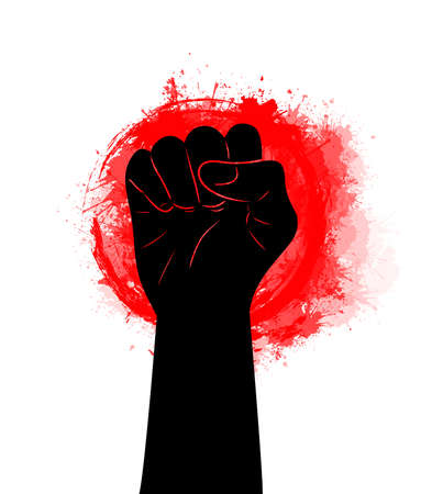 Black silhouette of a fist on a red grunge circle with watercolor splashes. Demonstrations, manifestos and parades. Freedom for people. Vector object for posters, banners and your designのイラスト素材