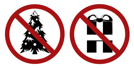 Festive balck silhouette of fir and gift box in prohibition sign. Forbid on celebrations and giving gifts. Ban on Christmas. Vector sign for logos, icons, stickers and your designのイラスト素材