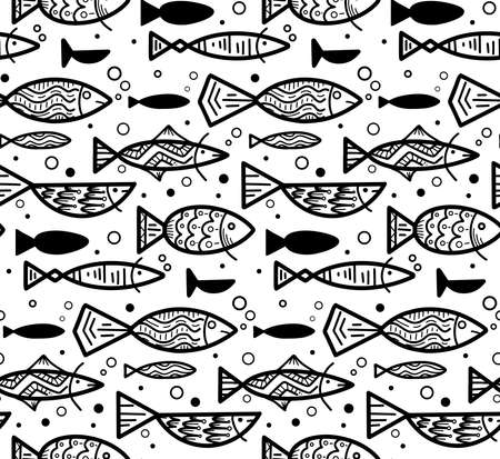 Seamless boho contour pattern with doodle fishes and bubbles floating to the right. Underwater lagoon world. Vector outline textureのイラスト素材