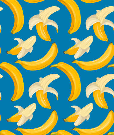 Cartoon seamless pattern with juicy bananas on blue background. Tropical trendy fruits. Vector contrast pattern for fabrics, wallpapers and your creativity.のイラスト素材