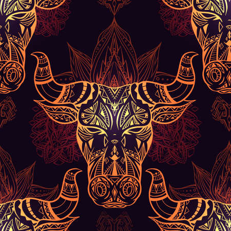 Seamless pattern with gold ethnic bull head on darkのイラスト素材