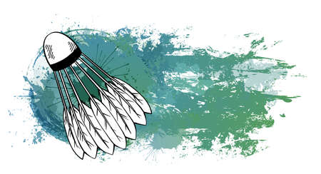 Contour sketch of a shuttlecock with a hatching on turquoise grunge trace with watercolor splashes. Equipment for sports games. Vector templates for logos, banners, cards and your design.のイラスト素材