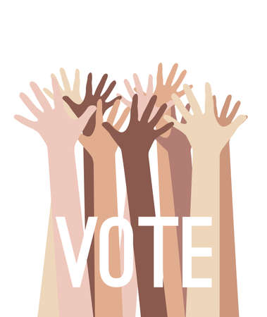 Stretched up arms of various nationalities with call to vote. Democratic voting. Peoples choice. Voting for everyone. Vector element for cards, templates, banners and your creativity.のイラスト素材