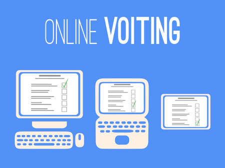 Online voting in self isolation. Silhouettes of a computer, laptop and tablet with a voting list on a blue background. People choice. Vector postcard for banners, templates and your design.のイラスト素材