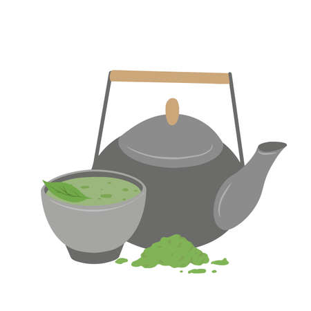 Japanese matcha green tea powder. Traditional tea ceremony. Cup of tea, matcha powder, clay teapot and green leaves. Vector flat illustration for menus, recipes and your creativityのイラスト素材