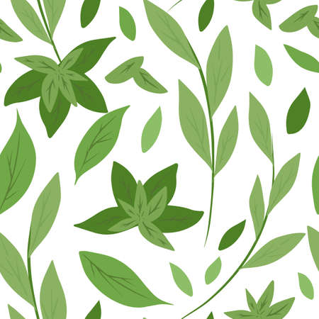Seamless pattern with simple green leaves and branches on a white background. Herbal natural background. Green tea and mint. Vector flat hand drawn texture for fabrics, wallpapers and your design.のイラスト素材