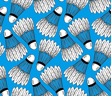Seamless pattern with a sketch of shuttlecocks for playing badminton on blue background. Sports equipment. Vector black and white texture with strokes for fabric, wallpaper, wrapping paperのイラスト素材